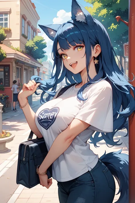 Dark blue hair, long hair, wolf tail, animal ears, big breasts, yellow eyes, T-shirt, , street corner, looks happy to meet an elementary school student