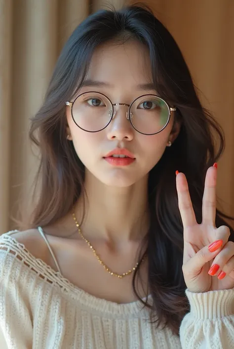 there is a woman with glasses making a peace sign with her finger, 8k selfie photograph, li zixin, wenfei ye, xintong chen, with glasses, professional profile picture, zeng fanzh, wearing small round glasses, wearing thin large round glasses, ruan cute vtu...