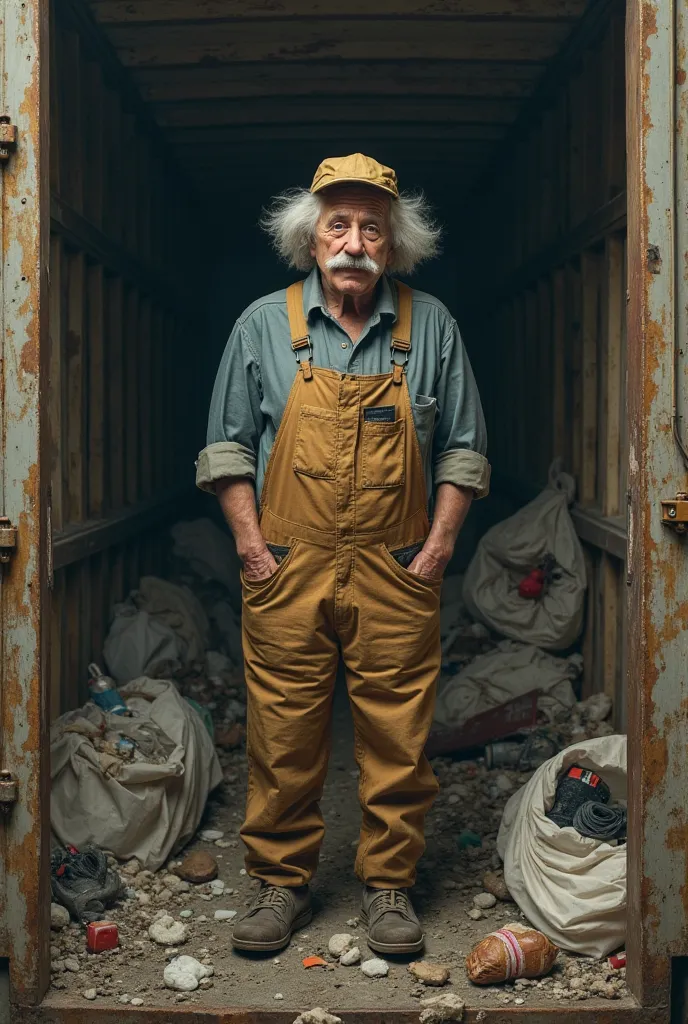 Albert Einstein in a Dumpster's clothing and cap, In the back of a garbage collection truck