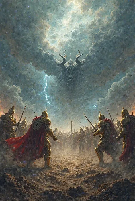 "A vast battlefield with warriors in shining golden and dark steel armor clashing under a stormy sky, symbolizing the eternal battle of righteousness and evil."