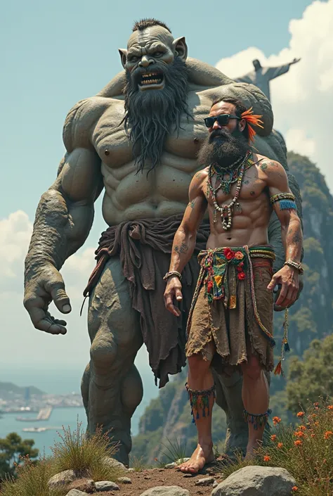 A giant human with the head of an ogre, Next to Christ the Redeemer without horns with big hair and beard with accessories from Brazil