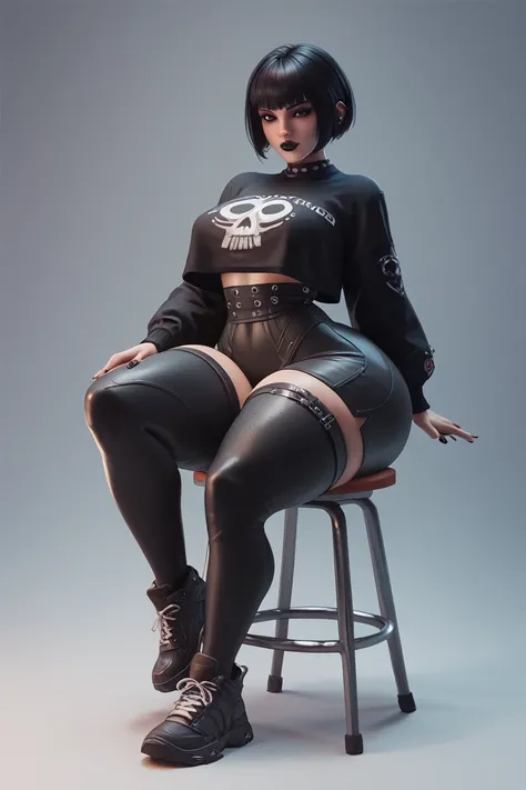 gothic, Short Hair, black hair, Black clothing ,  tight clothing, pechos enromes,  huge butt, thick thighs, wide hips,  lump between the legs,  of foot, full body.