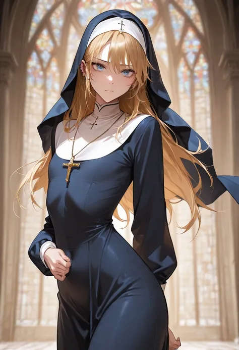 a beautiful woman with long gold hair, in a nun's dress, with piercing blue eyes, highly detailed, masterpiece, 8k, best quality, flat chested