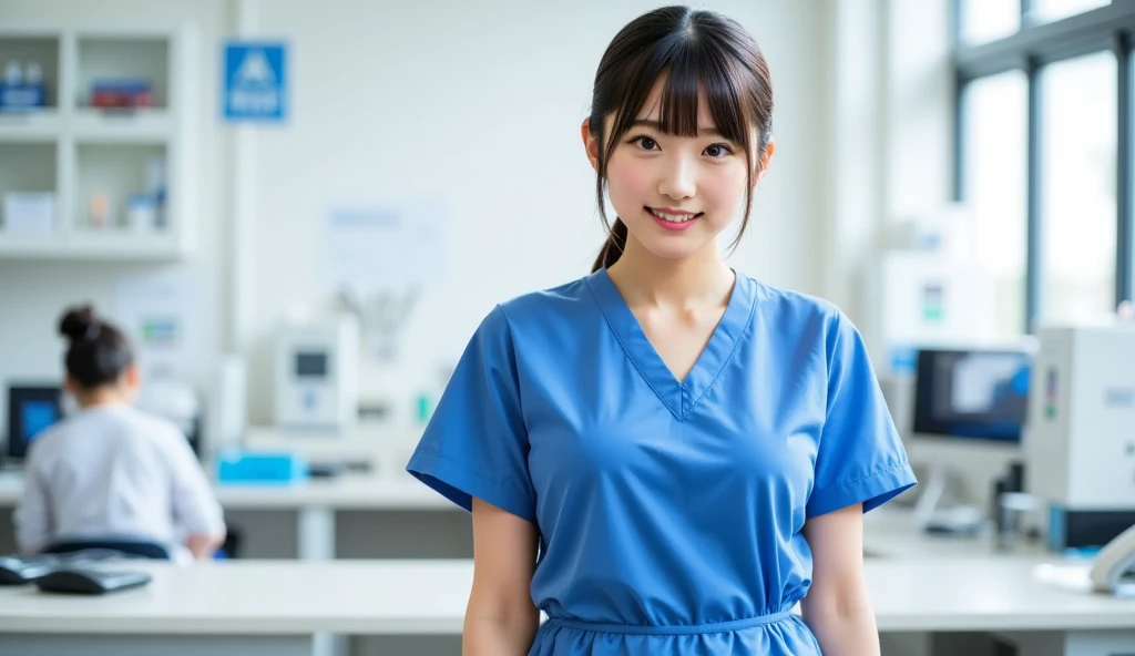 Clinical laboratory technician girl wearing a blue scrub and a fluttering skirt on the far right