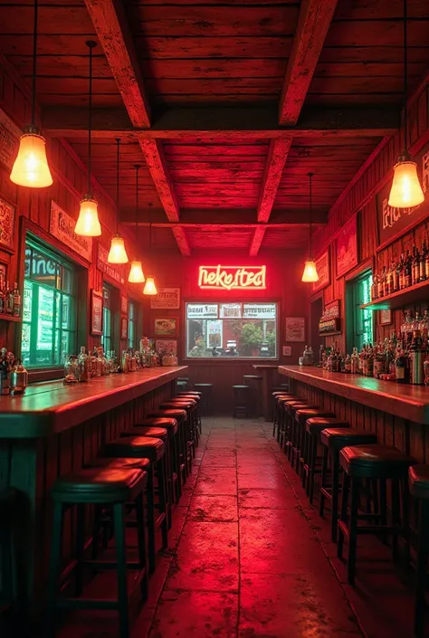 You can see the ceiling of the vintage-style wooden bar, saturated with red and green neon lights for 3 seconds in flat detail with a countertop camera angle.
