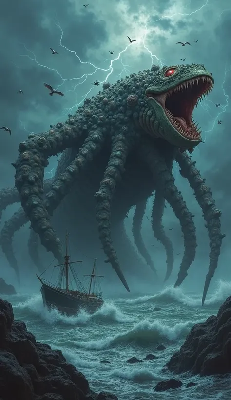 "A colossal creature emerges from the dark and troubled waters of the Bay of Fundy under a stormy sky. His body is a grotesque mix of a sea serpent and a crustacean, covered by hard shells, dead algae and corals. Luminous, malevolent eyes shine in the mist...