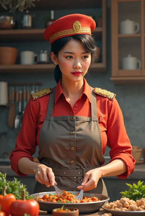 MOTHER IN A BHAYANGKARI UNIFORM WHICH IS COOKING