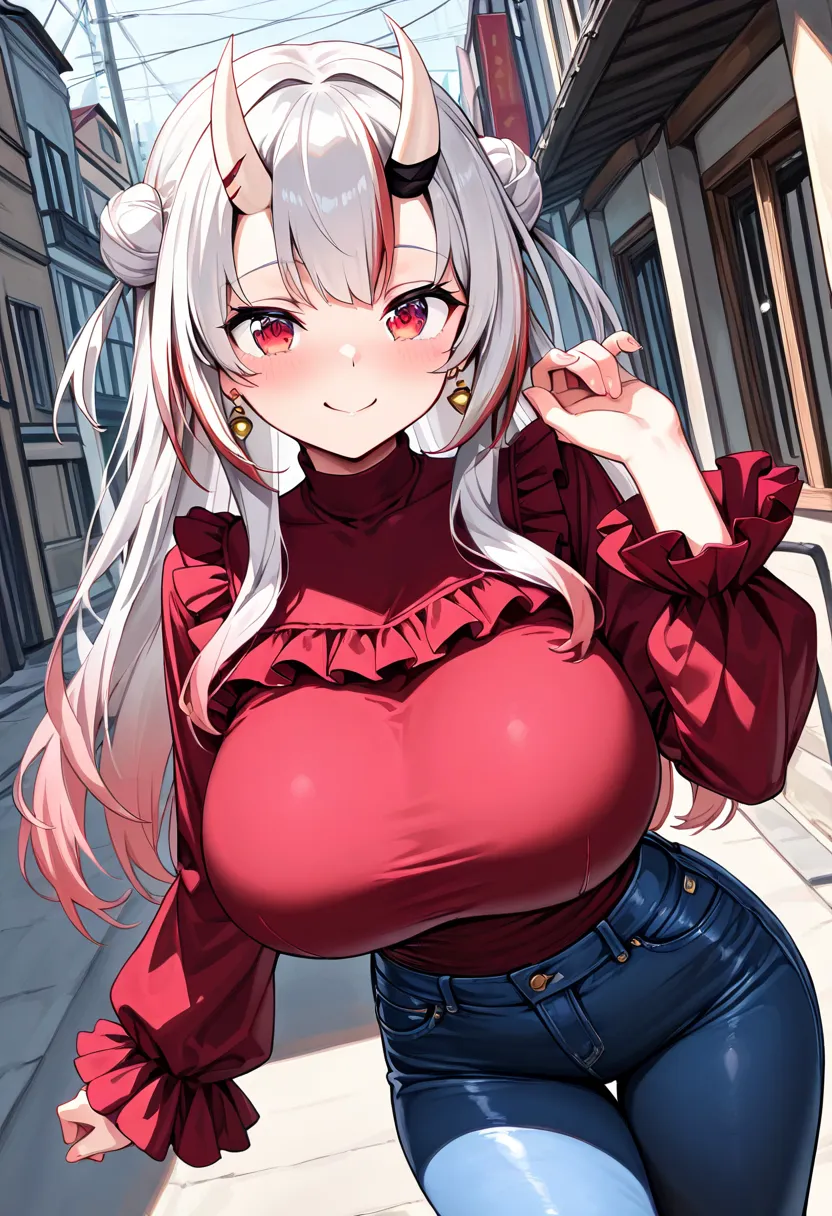 (TOP QUALITY , 8k , masterpiece , incredibly absurdres , perfect body , super detailed skin , highly detailed eyes and face , 1 woman ) ,  nakiri ayame , Silver Hair , red eyes , demon horn , smile ,  will be happy , ( Ruffled sleeve top ,  tight jeans , s...