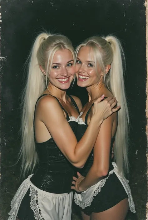 Grainy realistic photo of Polaroid, 

 mature identical twin girl, white hair with a high tail, Long tail,  Pamela Anderson , twins their hair styled long ponytail hair, ,big boobs

 drunken cleavage showing her curves , in the dark front yard  . Her lips ...