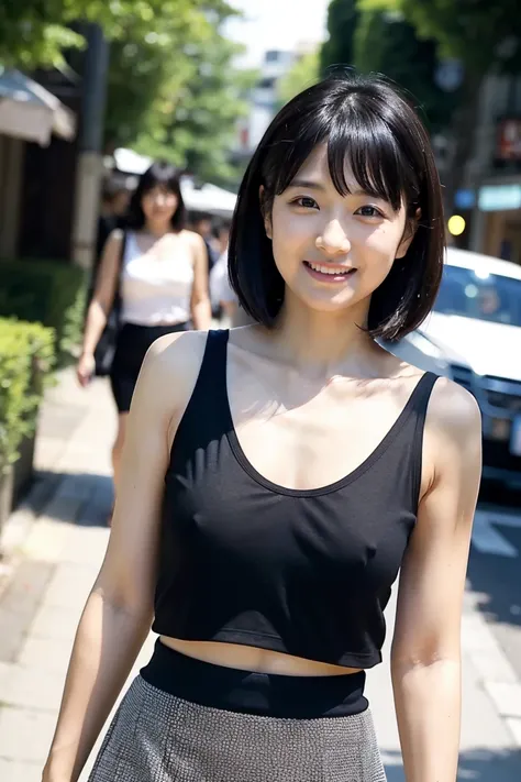 「A 35 year old cute Japanese woman、I'm confident and sexy even though I have small breasts。I have short black hair in style、I'm wearing a fitted black top and skirt。while having a seductive smile、she is sending a confident々Walking up to、provocative gaze to...