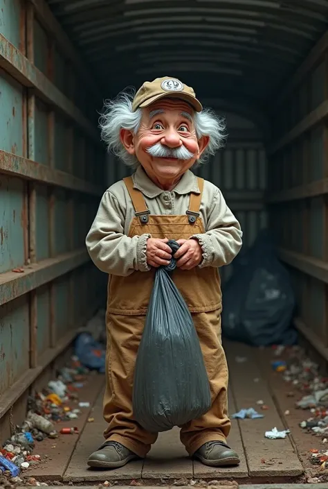 Albert Einstein smiling, with Trash Man's clothing and cap, in the back of a garbage collection truck holding a garbage bag
