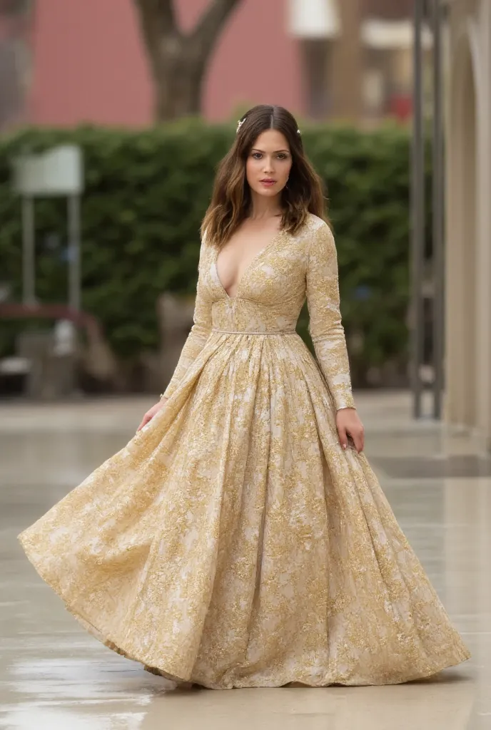 best quality, highres, 8k, masterpiece, photography, detailed midbody photorealistic portrait. Mandy Moore is dressed in a vintage-inspired 1970s wedding dress with a halter neckline and a wide, flared skirt. The dress features bold, geometric patterns in ...