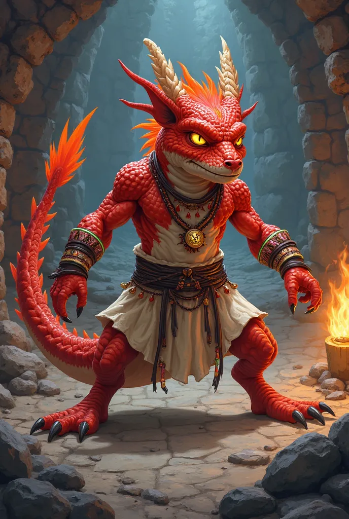 Dungeon and Dragons draconic red Kobold wearing light tribal clothing,  Cartoon Anime style,  muscular warrior, Master in Martial Art