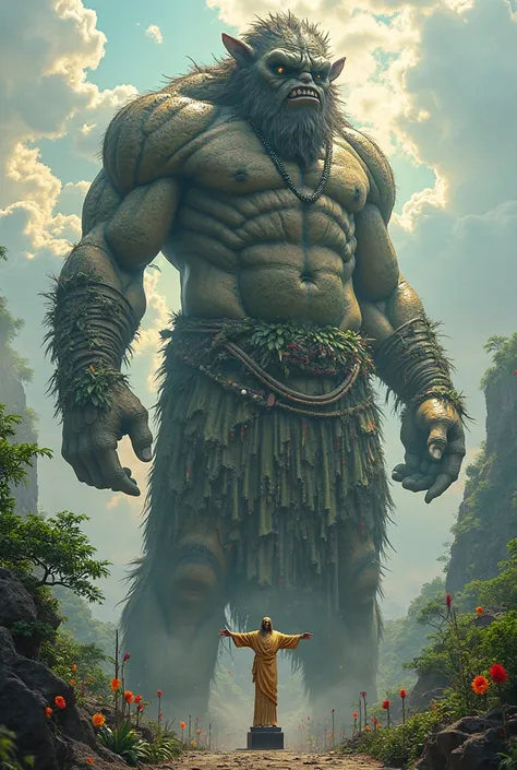 A giant human with the head of an ogre, Next to Christ the Redeemer without horns with big hair and beard with accessories from Brazil, Just him without the human being 