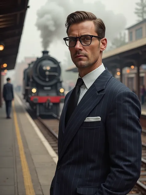 Gentlemen brown hair dark navy Blue & white pinstripe suit black tie square framed glasses 35 years of age waiting at the railway station steam engine passes by in the Background 