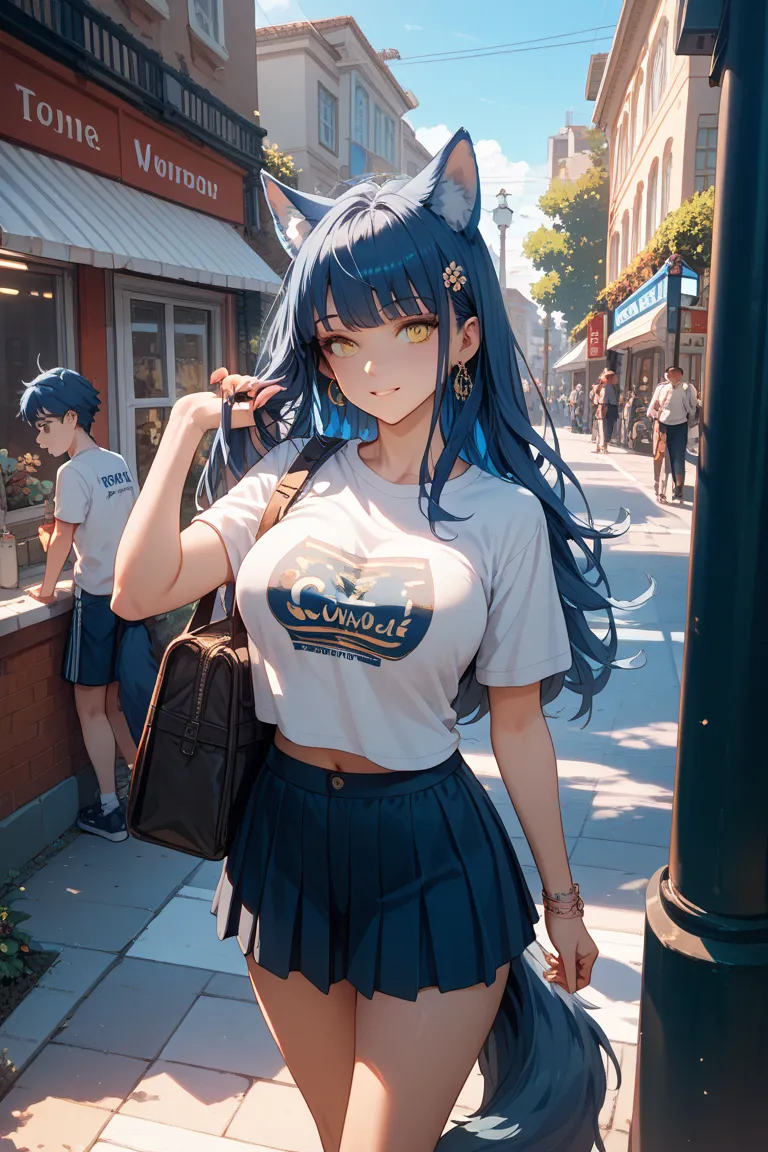 Dark blue hair, long hair, wolf tail, animal ears, big breasts, yellow eyes, T-shirt, , on a street corner, encounters an elementary school boy, loves him