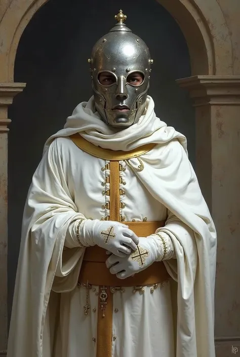 King baldwin IV leper king, white robe,metalic mask, white gloves with the holy cross, young man