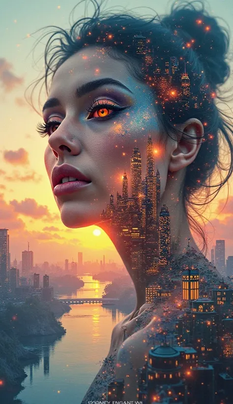 double exposure makeup, watercolor, liquid painting on white background, 3d poster, magical beautiful landscape, sunset over steampunk city, clouds, river, bridge, city lights, National Geographic award winning, professional front angle postcard, photograp...