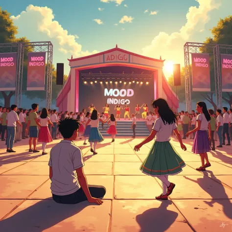 An anime-style illustration set at 'MOOD INDIGO,' a vibrant college fest happening in broad daylight. The scene captures an energetic Bhangra performance on a grand stage, with dancers moving rhythmically. The festival's name, 'MOOD INDIGO,' is prominently...