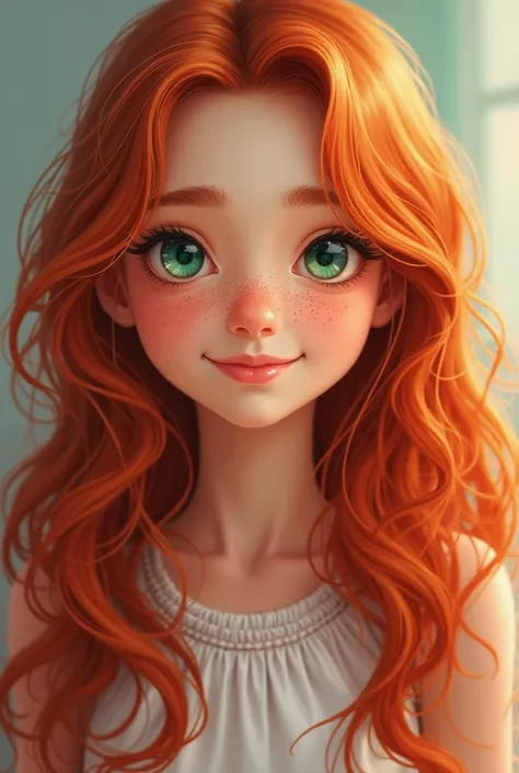 Young adult female with long wavy red hair, bright breen eyes, pale skin, freckles, and a bright smile.