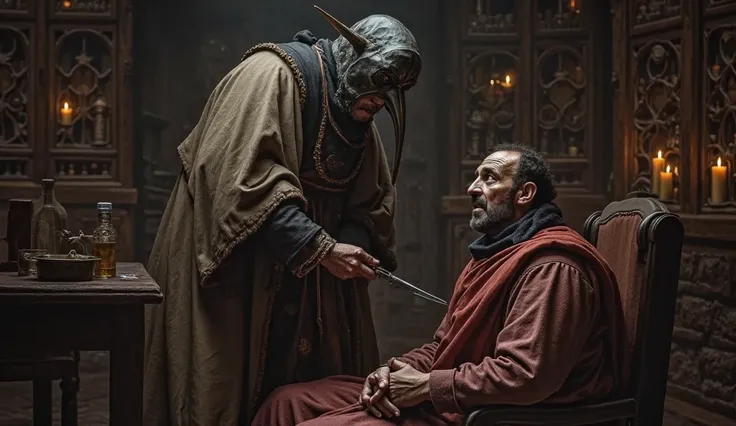 A medieval doctor wearing a plague mask, holding a bloodletting knife, with a terrified patient sitting nearby