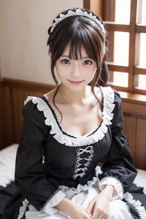  Realistic Photo Quality 、部屋の中のベッドに座っているMaid Costumeの日本人モデル, dark grey gorgeous maid, Maid Costumeを着たコスプレーヤー, Maid Costume, MAID DRESS,  Sitting on a bed wearing a maid's uniform,  Japanese maid cafe, Maid Costume, black gothic dress,looking at the camera、...