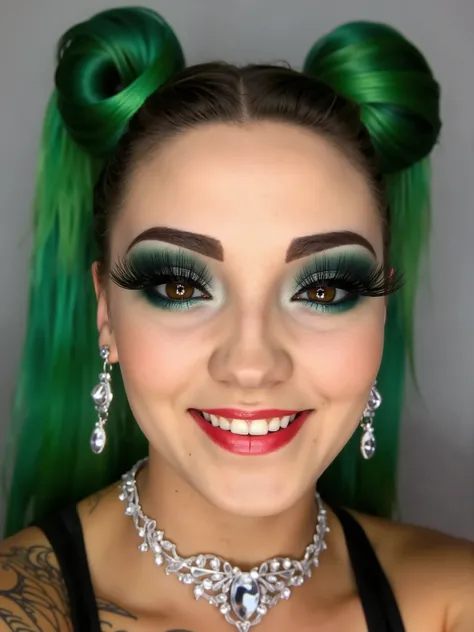 outrageously long and voluminous lash extensions. beautiful girl. long green hair. the hair is gathered in two buns. she smile, bright makeup, doll face, a diamond choker around her neck. long diamond earrings
