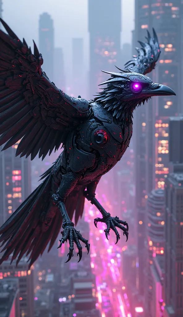 A mysterious cybernetic raven warrior with jet-black mechanical wings and glowing purple eyes. Flying over a neon-drenched cityscape, equipped with digital feathers and advanced sensors.