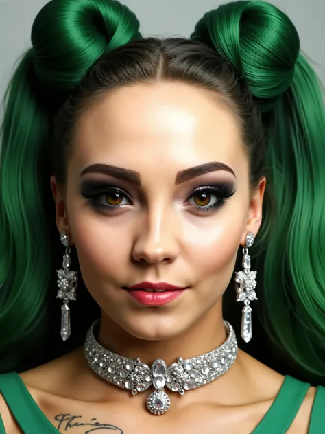 outrageously long and voluminous lash extensions. beautiful girl. long green hair. the hair is gathered in two buns. she smile, bright makeup, doll face, a diamond choker around her neck. long diamond earrings