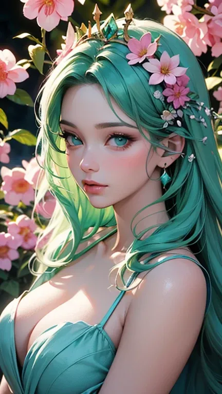 A stunning, luminous nymph with cascading, silky light green hair and piercing blue eyes, background enchanted forest teeming with lush, emerald foliage and vibrant, exotic flowers, adorns a resplendent, ornate crown of blossoming wildflowers on her head, ...