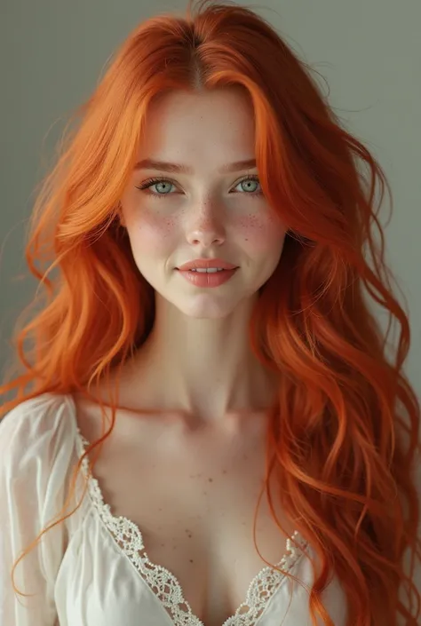 Sexy Young adult female with long wavy red hair, bright green eyes, pale skin, freckles, and a bright smile.