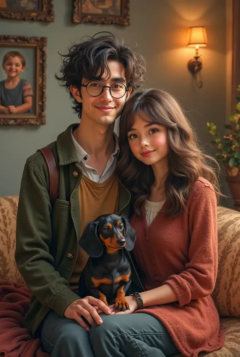 Create an image of a family where the man looks like Harry Potter with glasses and average height, The short woman with long brown hair and square bangs and a little black daschund dog 