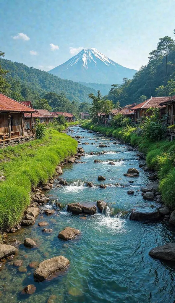 Clean river water flow,river rocks ,Indonesian village background, red tile roof,green grass ,Mount Merapi,clear weather ,4k image , realistic ,indonesia,iPhone camera