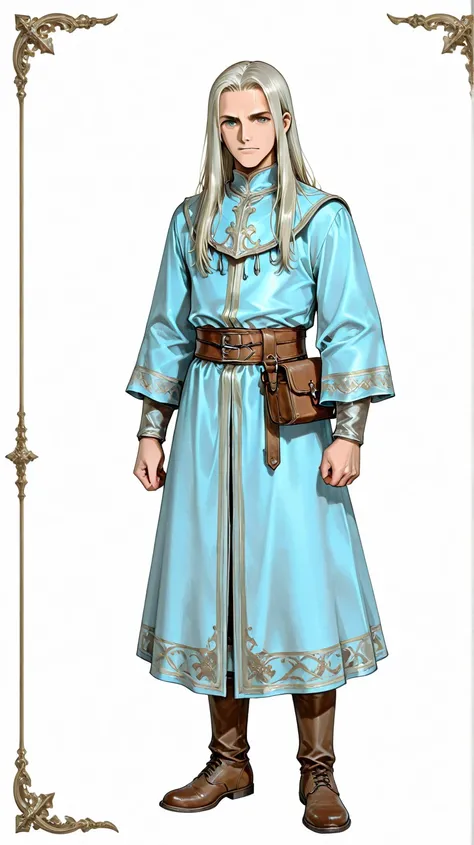 full body, young man in healer of the Middle Ages clothes, light blue clothes, many details