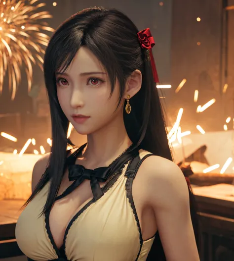 FF7 Remake Tifa Lockhart、1 girl, solo, TOP QUALITY, Ultra Fine, big breasts, beautiful pretty red eyes, earrings, fireworks background 、 upper body only、look at cleavage, Smooth beautiful lips、 ribbon hair accessory, Turn your gaze straight ahead、Brighten ...