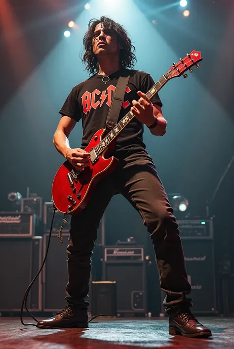 Draw an image of an extroverted 23-year-old rocker, moreno, man on an average rock stage holding a guitar with an ACDC blouse

