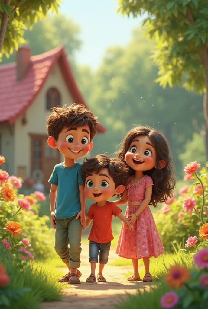 1. A Happy Life and a Magical Secret

Prompt: A beautiful, bright, and cozy house in a lush green environment. Three siblings—Rohan (, blue shirt, brown short curly hair, blue eyes), Rahul (, red shirt, light brown short curly hair, dark brown eyes), and R...