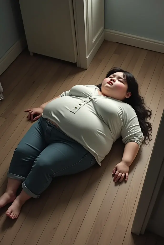 chubby teenage girl, double chin, big belly hanging over, camera zoomed out, lying on the floor