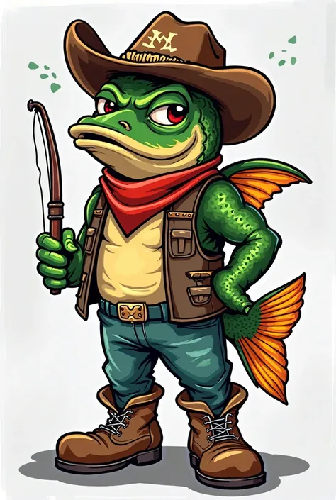 I'm in need of a unique, cartoonish mascot for my business. The character should be a Common Carp fish, styled similarly to the attached catfish mascot, but with a cowboy hat and boots. The design should convey a balance between being 'mean' and 'friendly'...