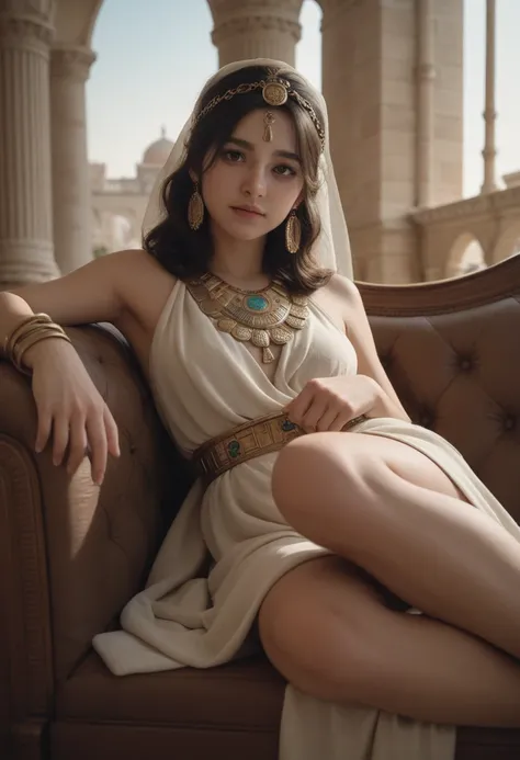 cute woman sitting alone 、   ANCIENT GREEK COSTUME 、 、Inside the palace、 Lie down on a luxurious sofa