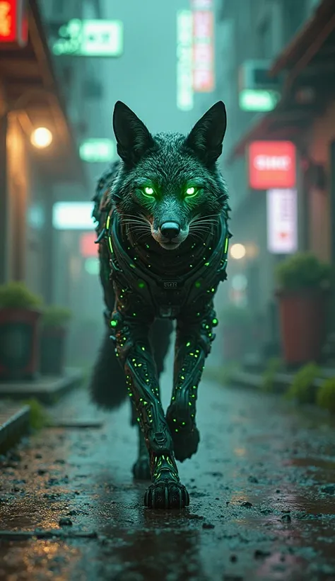 A cunning cybernetic coyote warrior with glowing green eyes, wearing lightweight armor with digital patterns. Sneaking through neon-lit backstreets with holographic gadgets and urban shadows.