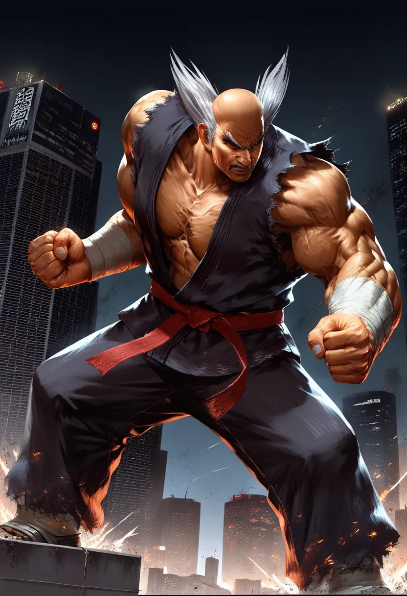 (score_9, score_8_up, score_7_up), score_6, score_5, score_4, 1 man, heihachi, fighting stance, on the rooftop of Tokyo skyscraper at night,