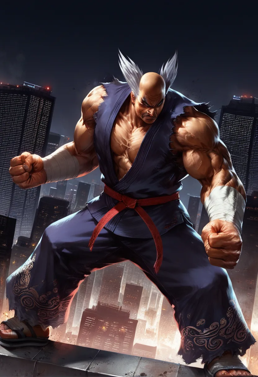 (score_9, score_8_up, score_7_up), score_6, score_5, score_4, 1 man, heihachi, fighting stance, on the rooftop of Tokyo skyscraper at night,