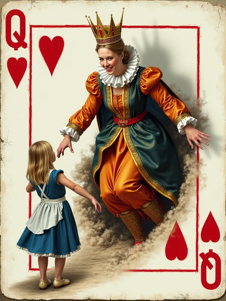 Illustrate a moment from a fairy tale where an opulent queen, adorned in lavish robes of vibrant colors, is springing forth from a playing card marked with a red
'Q' and hearts occupying each corner. She is creatively portrayed in 3D form, making the jump ...