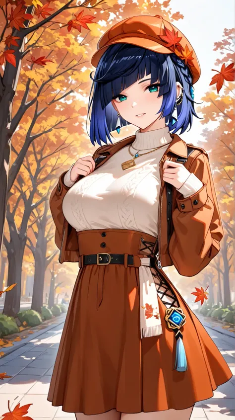 1girl, YELAN (//genshin impact//), autumn outfit, autumn background, absurdres, ultradetail