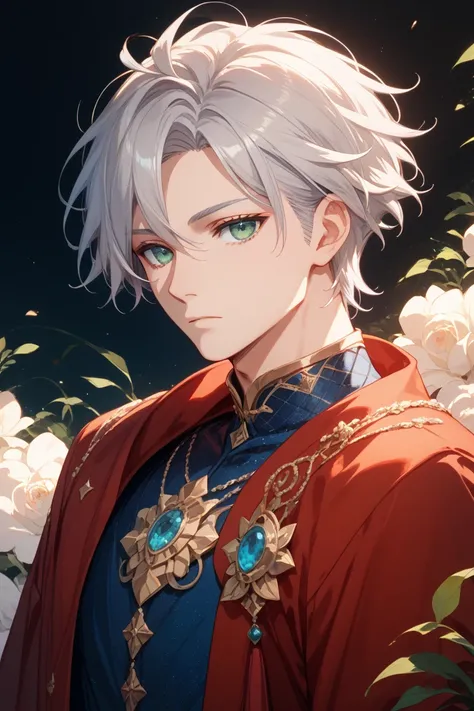 One person　Single　 Silver Hair　 green eyes　 blue eye　 expressionless　wizard　shining eyes　 beautiful eyes　long side hair 　 clear eyes　 black and red robe 　 male　　short hair