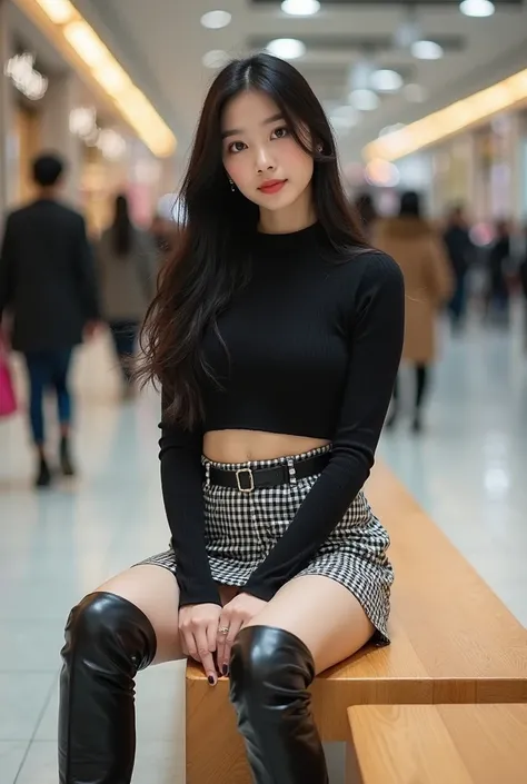 A young Asian woman, positioned in the mid-frame, is seated on a wooden bench.  She is looking directly at the camera.  She has long, black hair and a light complexion.  She is wearing a black, cropped top with long sleeves and a black and white plaid mini...