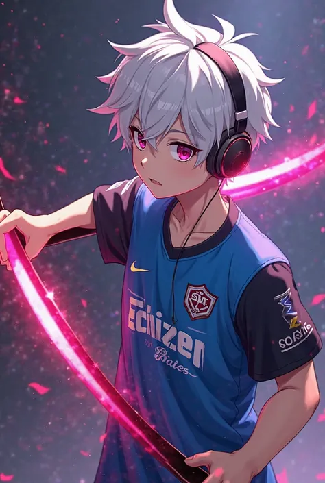 anime logo,  male, white hair wearing headphones, holding a two dagger with a red aura effect, wearing a blue and black esports shirt, on the shirt there is the word "Echizen plays"and logo word "SNC"with violet flames burning,