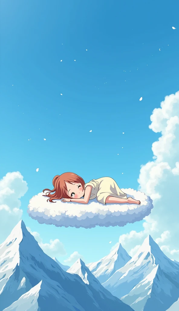 アニメThe Alpsの少女ハイジの世界、I imagine a cloud floating in the sky like a bed and a girl is lying on it、There is only one cloud、The Alps、blue sky、Friendly atmosphere