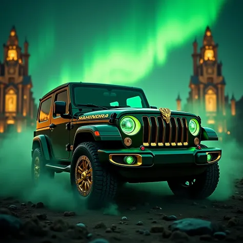 A sleek and mischievous Mahindra Thar, inspired by Loki, parked in a mystical Asgardian landscape under an emerald-green aurora. The SUV features a luxurious black and gold color scheme with elegant green accents, resembling Loki’s iconic attire. The grill...